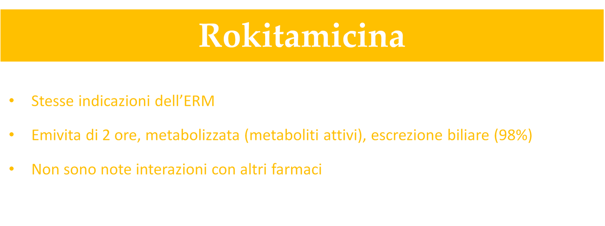 Spiramicina Toxoplasmosi (anche in gravidanza), infezioni del parodonto, infezioni da micoplasmi, uretriti aspecifiche Assorbimento irregolare, emivita di 8 ore, scarsamente metabolizzata, escrezione