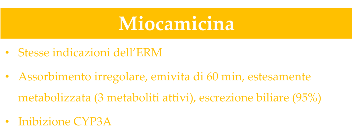 Josamicina Stesse indicazioni dell ERM Assorbimento irregolare, emivita di 90 min, estesamente metabolizzata, escrezione biliare (90%) Inibizione CYP3A Adulto:500mgx3-4vv/die Bambino: 50 mg/kg/die in