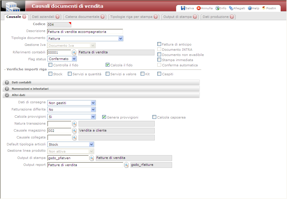 2 caso: FATTURA ACCOMPAGNATORIA La causale 004 Fattura di vendita accompagnatoria, dovrà avere la causale di magazzino 002 Vendita a