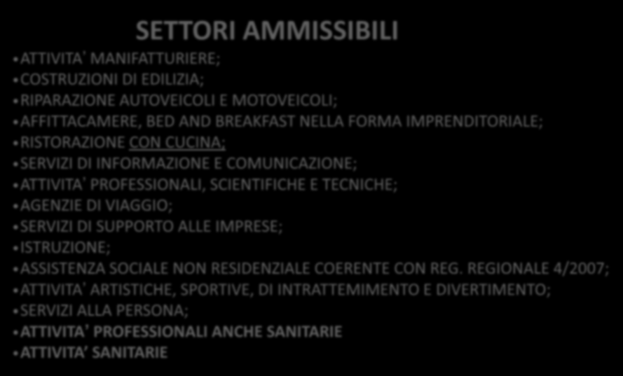 NIDI (NUOVE INIZIATIVE D IMPRESA) SETTORI AMMISSIBILI ATTIVITA MANIFATTURIERE; COSTRUZIONI DI EDILIZIA; RIPARAZIONE AUTOVEICOLI E MOTOVEICOLI; AFFITTACAMERE, BED AND BREAKFAST NELLA FORMA