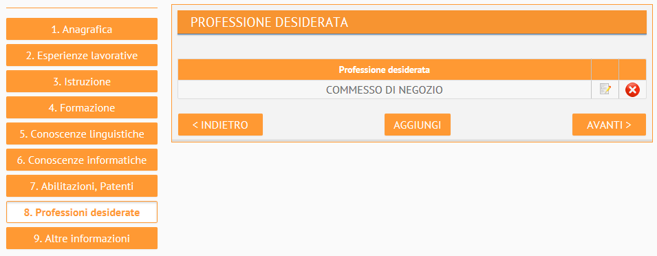 Una volta terminata la compilazione, cliccare sul pulsante SALVA per aggiungere la professione desiderata e le relative