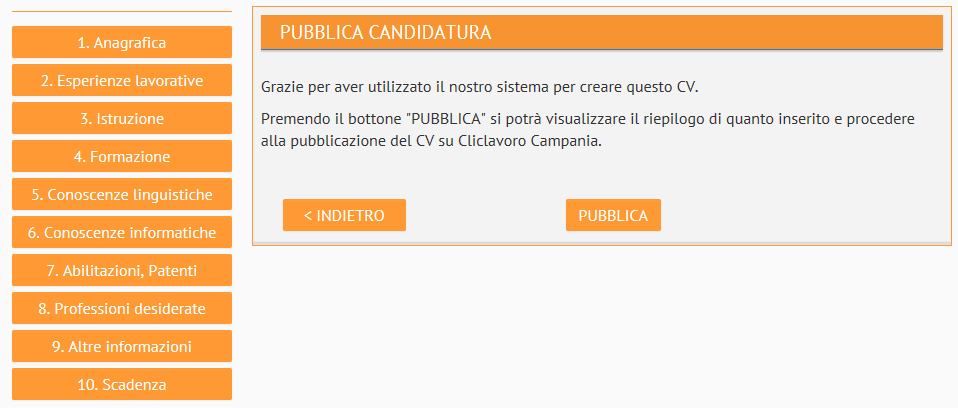 E inoltre possibile importare un Curriculum personale aggiuntivo in formato PDF, da affiancare a quello pubblicato su Cliclavoro Campania, tramite il pulsante CARICA CV IN PDF: è sufficiente cliccare