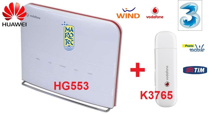 M BD-R100 Guida rapida alla configurazione del Modem Router/Wireless Huawei HG553 (Vodafone station)con firmware Huawei-Kisumu B038 1) Inserire la (U)SIM card nella chiavetta Huawei k3765 2) Inserire