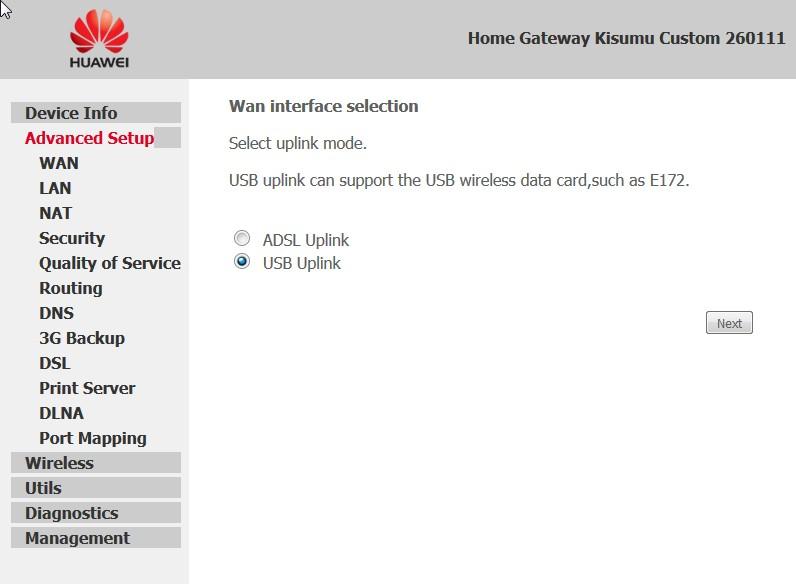 5) Dal menu a sinistra selezionare Advanced Setup, e poi selezionare USB Uplik e fare