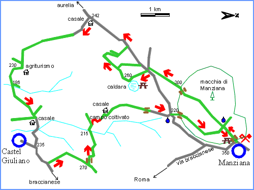 Descrizione percorso Km 0,0-350 mslm Senza entrare in paese al km 30,1 della provinciale, sulla sinistra, si individua facilmente l'ingresso del bosco di Manziana (largo Salvatori).