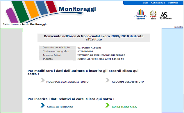 3. Come si compilano le sezioni Una volta effettuato il Login gli istituti entrano nella pagina di benvenuto.