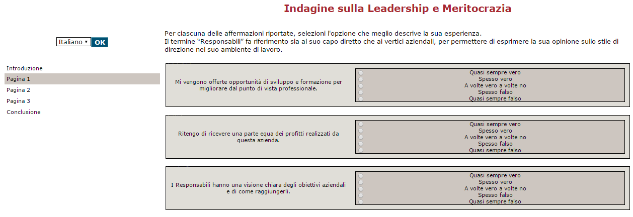 Leadership Meritocratica l indice Questionario di rilevazione della percezione in azienda 12 proposizioni basate sul