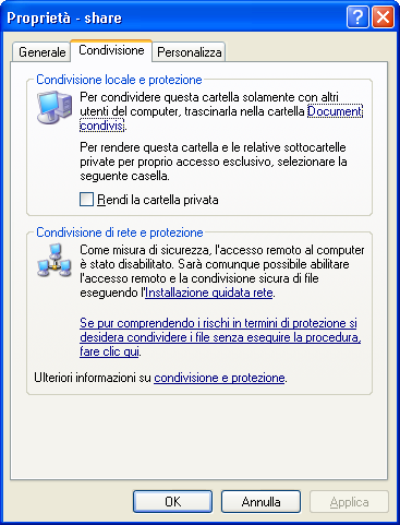 Windows XP della condivisione file Creazione di una cartella condivisa Queste finestre vengono visualizzate soltanto la prima volta che si apre la finestra di dialogo.