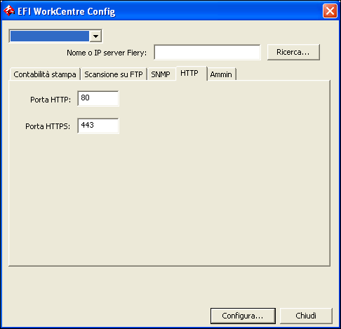 CONFIGURAZIONE DELLA STAMPANTE 38 HTTP Quando si cambia la porta HTTP sulla stampante, usare la scheda HTTP per configurare Fiery Controller in modo che utilizzi la nuova porta per HTTP.