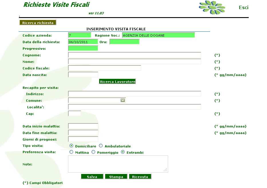 3 Richiesta visita Ad accesso effettuato viene visualizzata la pagina di compilazione della richiesta.