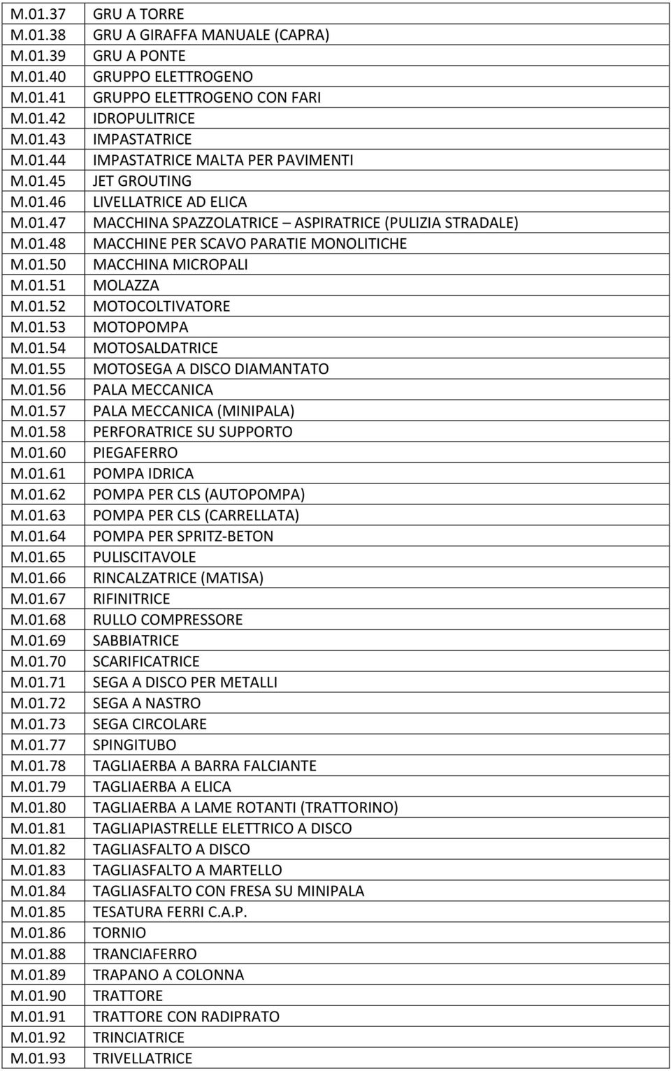 01.93 GRU A TORRE GRU A GIRAFFA MANUALE (CAPRA) GRU A PONTE GRUPPO ELETTROGENO GRUPPO ELETTROGENO CON FARI IDROPULITRICE IMPASTATRICE IMPASTATRICE MALTA PER PAVIMENTI JET GROUTING LIVELLATRICE AD