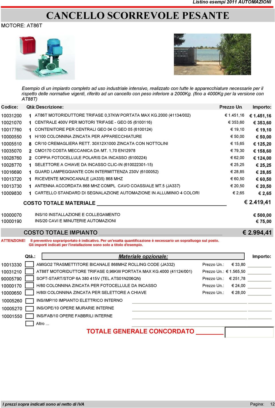 451,16 10021070 1 CENTRALE 400V PER MOTORI TRIFASE - GEO 05 (6100116) 353,60 353,60 10017760 1 CONTENITORE PER CENTRALI GEO 04 O GEO 05 (6100124) 19,10 19,10 10000550 1 H/100 COLONNINA ZINCATA PER