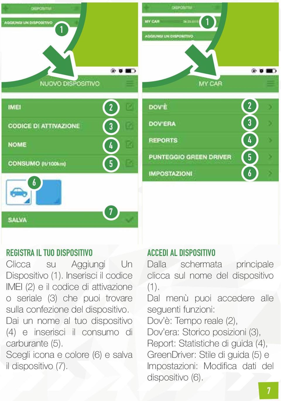 Dai un nome al tuo dispositivo () e inserisci il consumo di carburante (). Scegli icona e colore () e salva il dispositivo ().