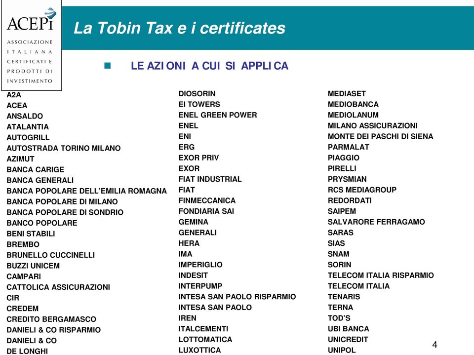 TOWERS ENEL GREEN POWER ENEL ENI ERG EXOR PRIV EXOR FIAT INDUSTRIAL FIAT FINMECCANICA FONDIARIA SAI GEMINA GENERALI HERA IMA IMPERIGLIO INDESIT INTERPUMP INTESA SAN PAOLO RISPARMIO INTESA SAN PAOLO