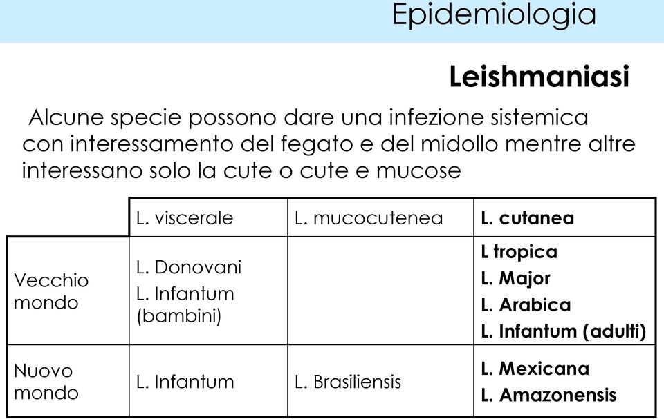 L. viscerale L. mucocutenea L. cutanea Vecchio mondo Nuovo mondo L. Donovani L.