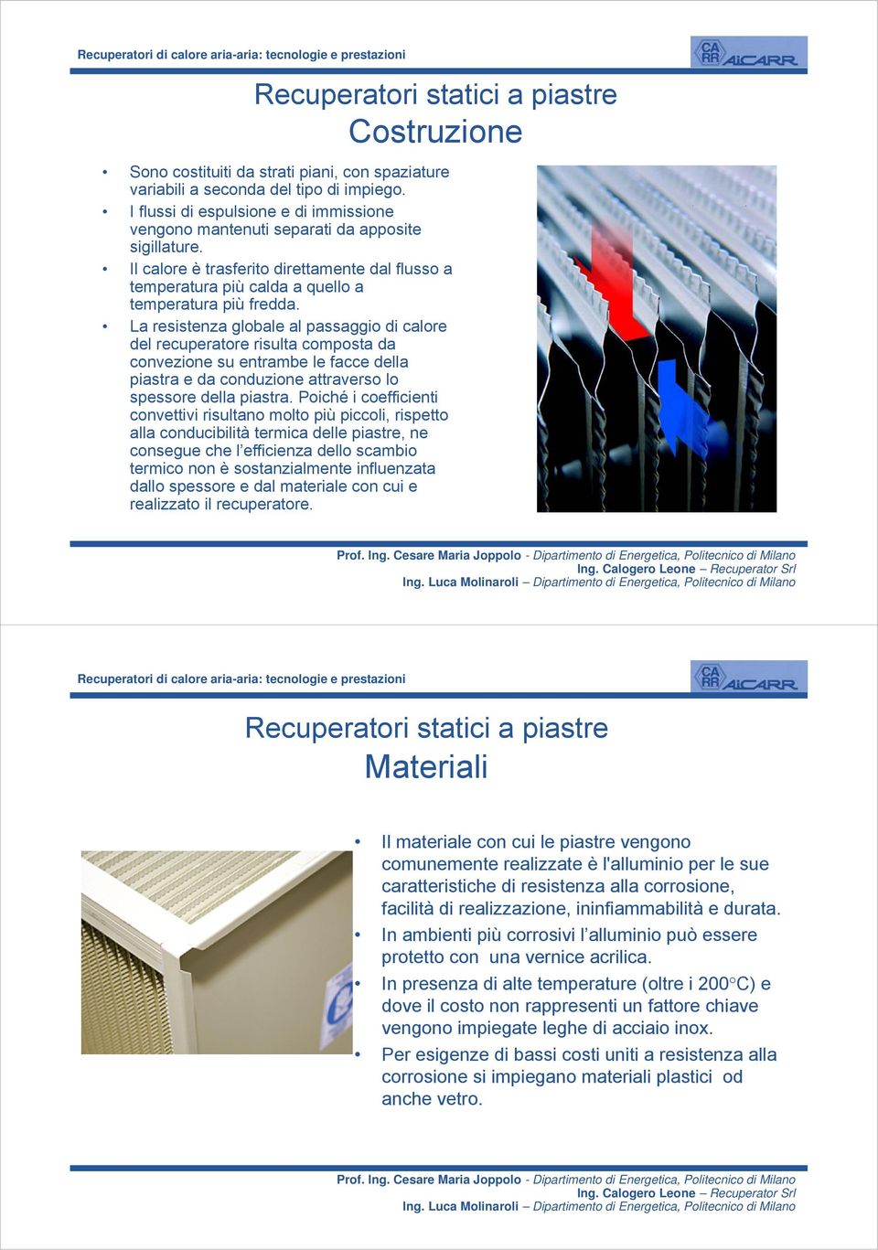 La resistenza globale al passaggio di calore del recuperatore risulta composta da convezione su entrambe le facce della piastra e da conduzione attraverso lo spessore della piastra.