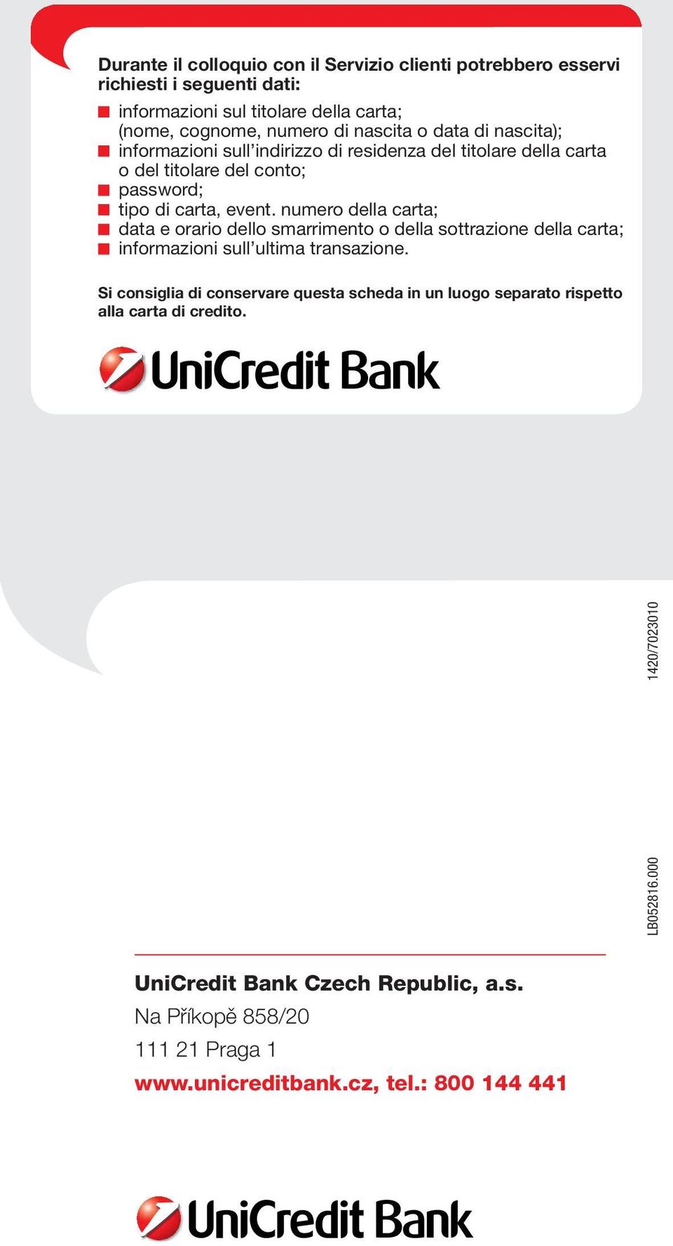 Vademecum Del Titolare Della Carta Di Credito Unicredit