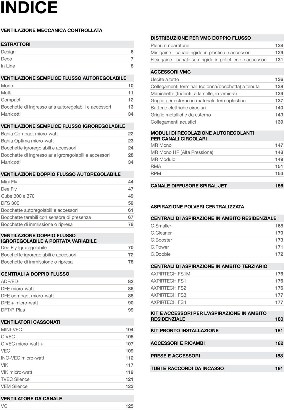 accessori 28 Manicotti 34 VENTILAZIONE DOPPIO FLUSSO AUTOREGOLABILE Mini Fly 44 Dee Fly 47 Cube 3 e 37 49 DFS 3 59 Bocchette autoregolabili e accessori 61 Bocchette tarabili con sensore di presenza