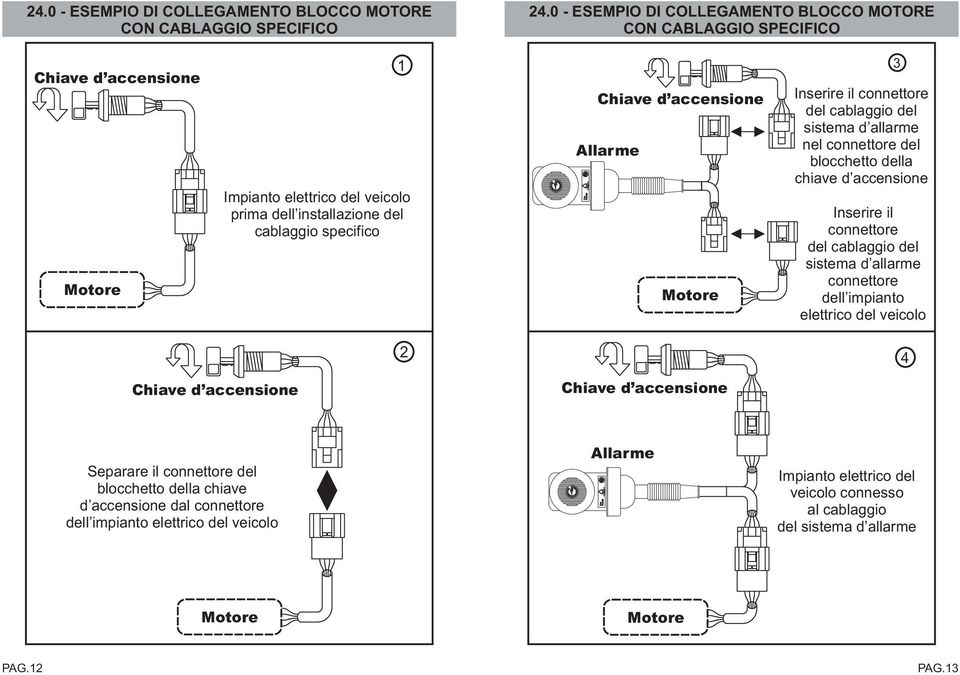 accensione Allarme Motore 3 Inserire il connettore del cablaggio del sistema d allarme nel connettore del blocchetto della chiave d accensione Inserire il connettore del cablaggio del sistema d