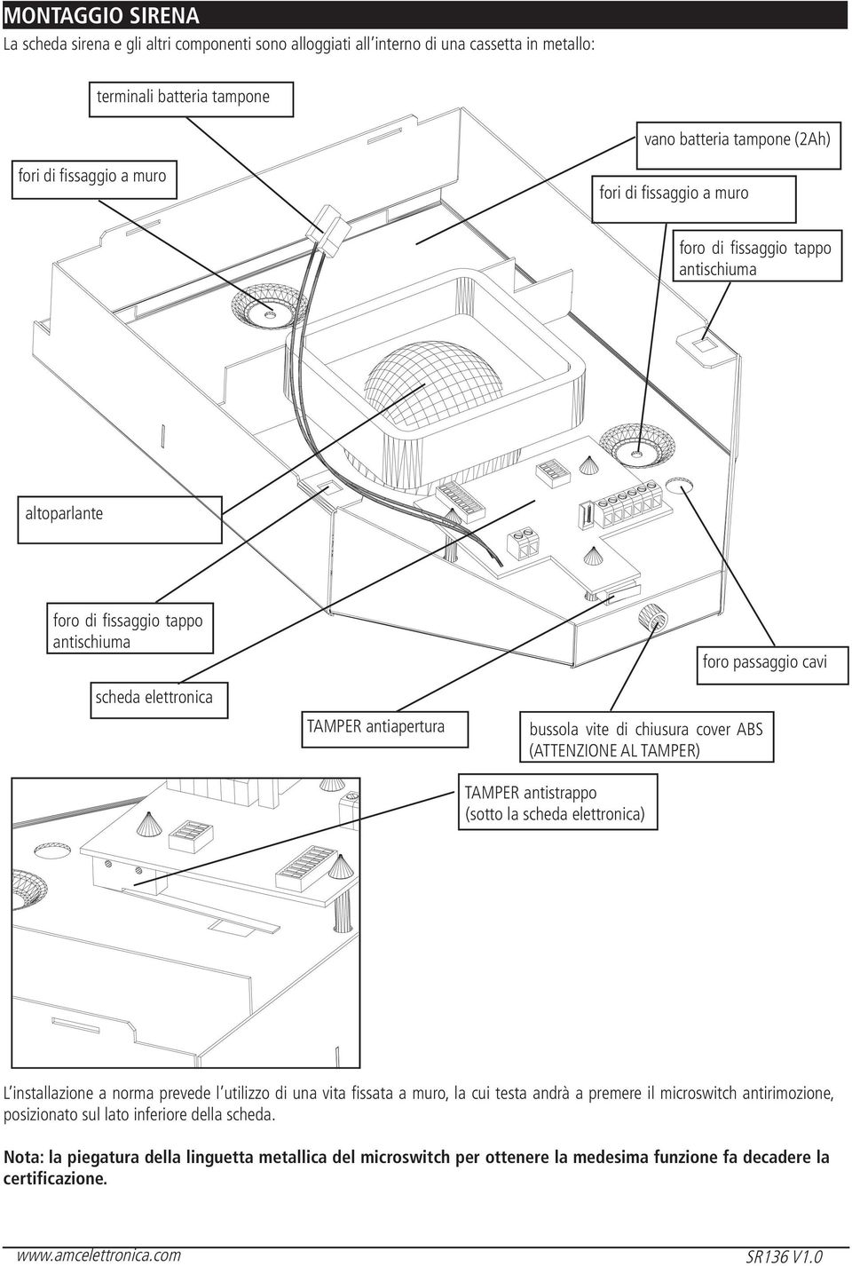 chiusura cover ABS (ATTENZIONE AL TAMPER) TAMPER antistrappo (sotto la scheda elettronica) L installazione a norma prevede l utilizzo di una vita fissata a muro, la cui testa andrà a premere