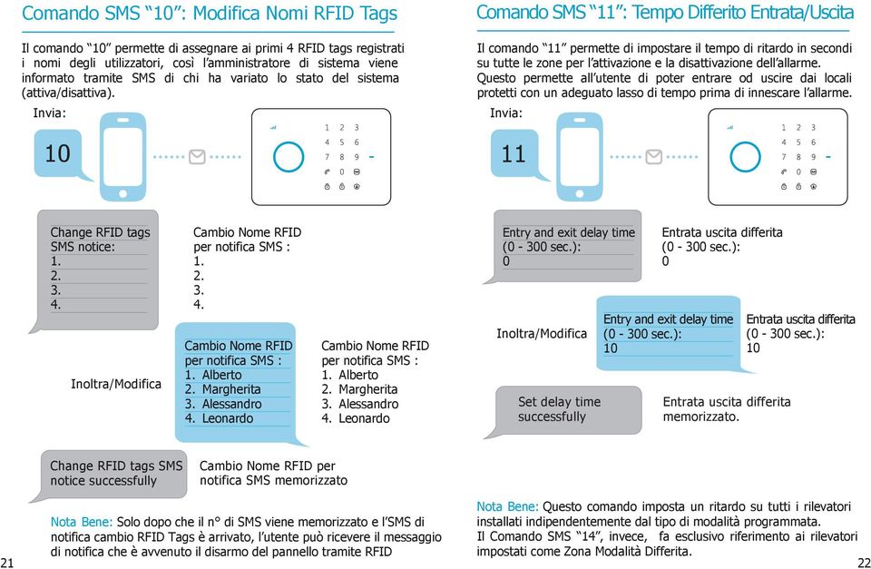 Comando SMS 11 : Tempo Differito Entrata/Uscita Il comando 11 permette di impostare il tempo di ritardo in secondi su tutte le zone per l attivazione e la disattivazione dell allarme.