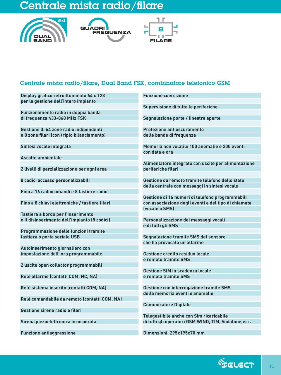 parzializzazione per ogni area 8 codici accesso personalizzabili Fino a 16 radiocomandi e 8 tastiere radio Fino a 8 chiavi elettroniche / tastiere filari Tastiera a bordo per l inserimento e il