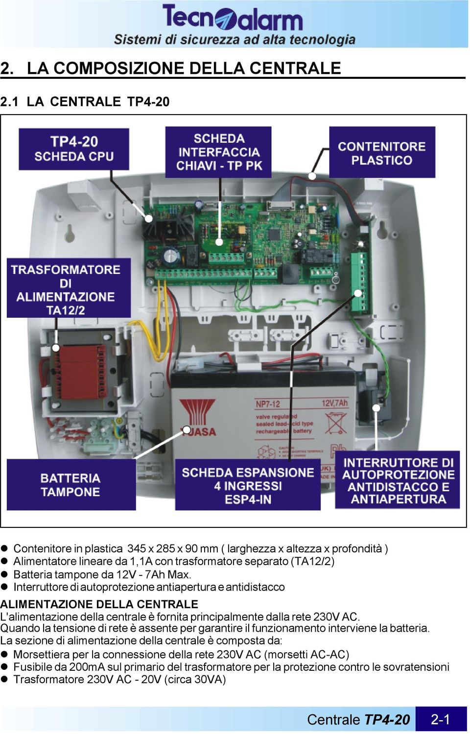 7Ah Max. Interruttore di autoprotezione antiapertura e antidistacco ALIMENTAZIONE DELLA CENTRALE L'alimentazione della centrale è fornita principalmente dalla rete 230V AC.