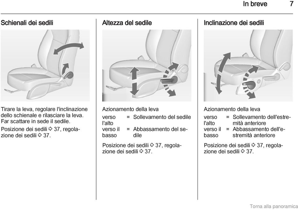 Azionamento della leva verso = Sollevamento del sedile l'alto verso il = Abbassamento del sedile basso Posizione dei sedili 3 37, regolazione dei