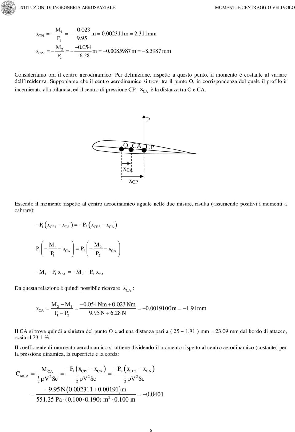 Supponiamo he il entro aerodinamio si trovi tra il punto O, in orrispondenza del quale il profilo è inernierato alla bilania, ed il entro di pressione C: x è la distanza tra O e.