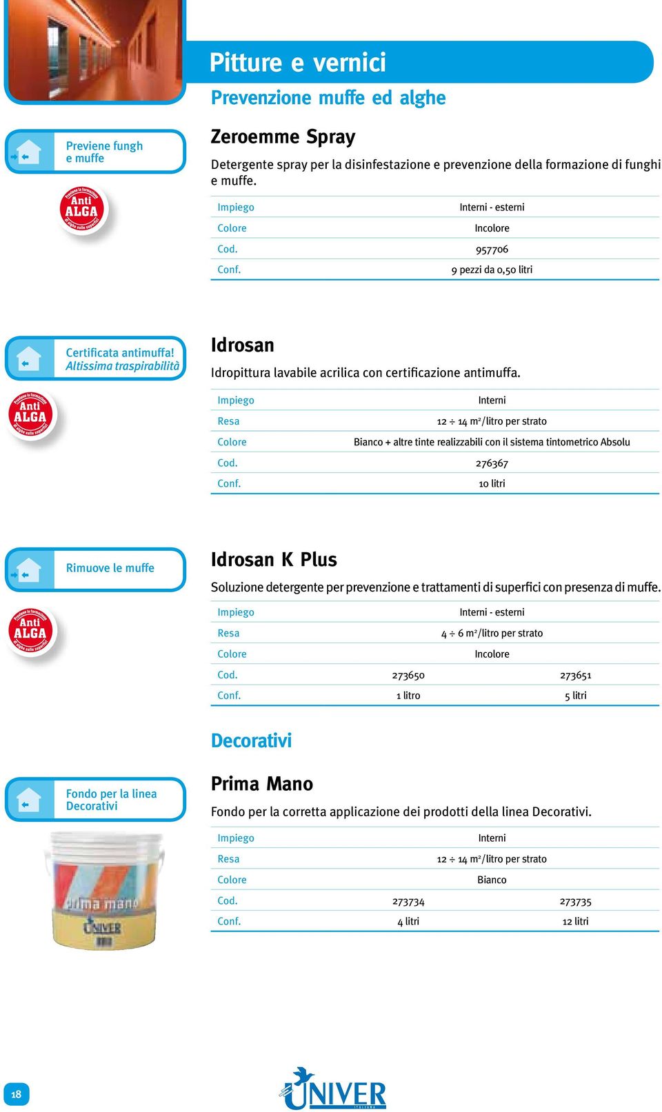 276367 10 litri Rimuove le muffe Idrosan K Plus Soluzione detergente per prevenzione e trattamenti di superfici con presenza di muffe. 4 6 m 2 /litro per strato Incolore Cod.