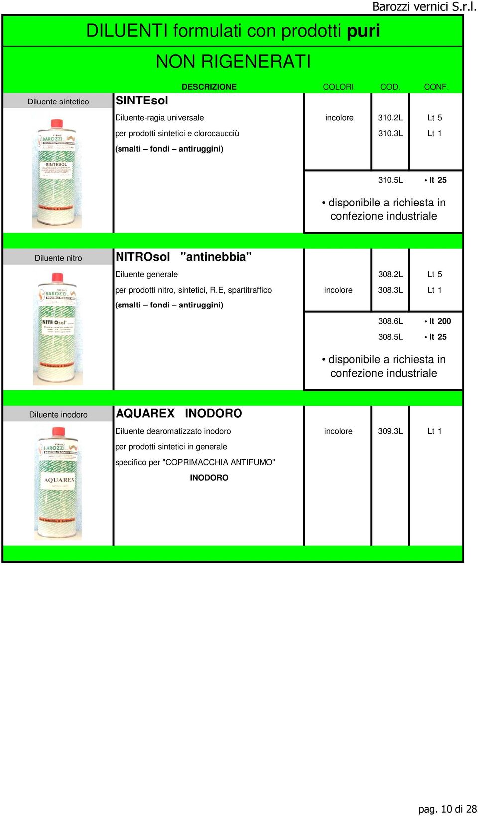 2L Lt 5 per prodotti nitro, sintetici, R.E, spartitraffico incolore 308.3L Lt 1 (smalti fondi antiruggini) 308.6L lt 200 308.