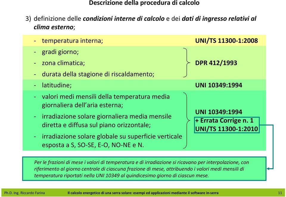 diretta e diffusa sul piano orizzontale; - irradiazione solare globale su superficie verticale esposta a S, SO-SE, E-O, NO-NE e N. DPR 412/1993 UNI 10349:1994 UNI 10349:1994 + Errata Corrige n.