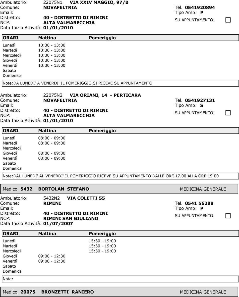 Ambulatorio: 22075N2 VIA ORIANI, 14 - PERTICARA Comune: NOVAFELTRIA Tel.