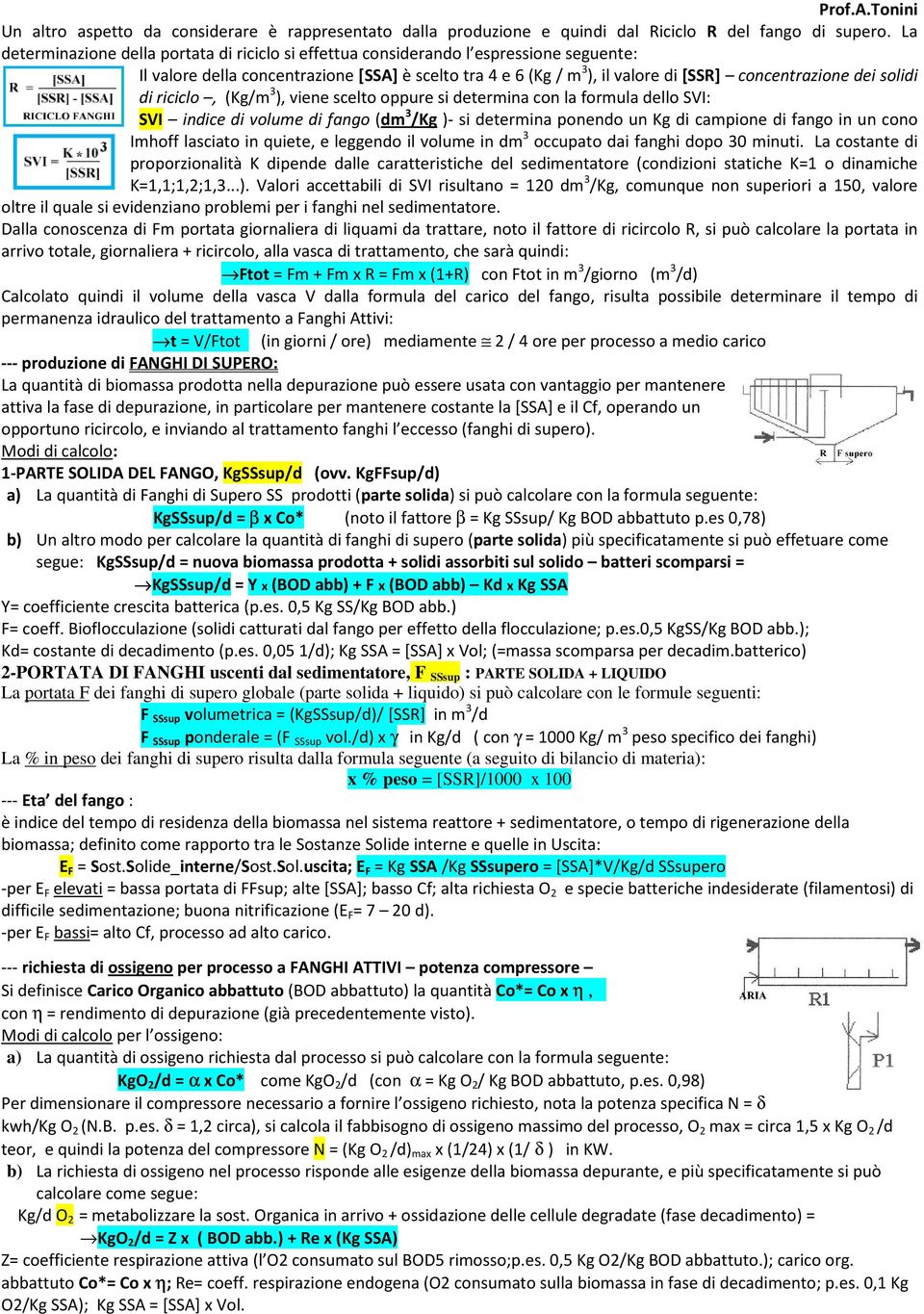 solidi di riciclo, (Kg/m 3 ), viene scelto oppure si determina con la formula dello SVI: SVI indice di volume di fango (dm 3 /Kg )- si determina ponendo un Kg di campione di fango in un cono Imhoff