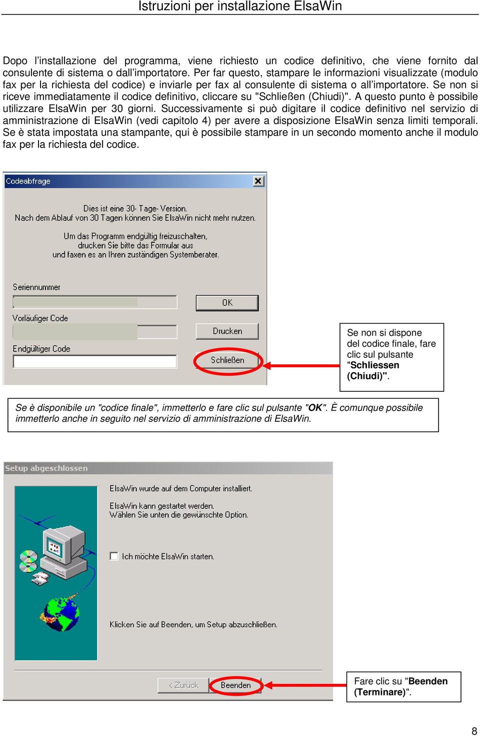 Se non si riceve immediatamente il codice definitivo, cliccare su "Schließen (Chiudi)". A questo punto è possibile utilizzare ElsaWin per 30 giorni.