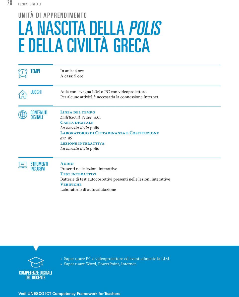 49 Lezione interattiva La nascita della polis Strumenti inclusivi Audio Presenti nelle lezioni interattive Test interattivi Batterie di test autocorrettivi presenti nelle lezioni interattive