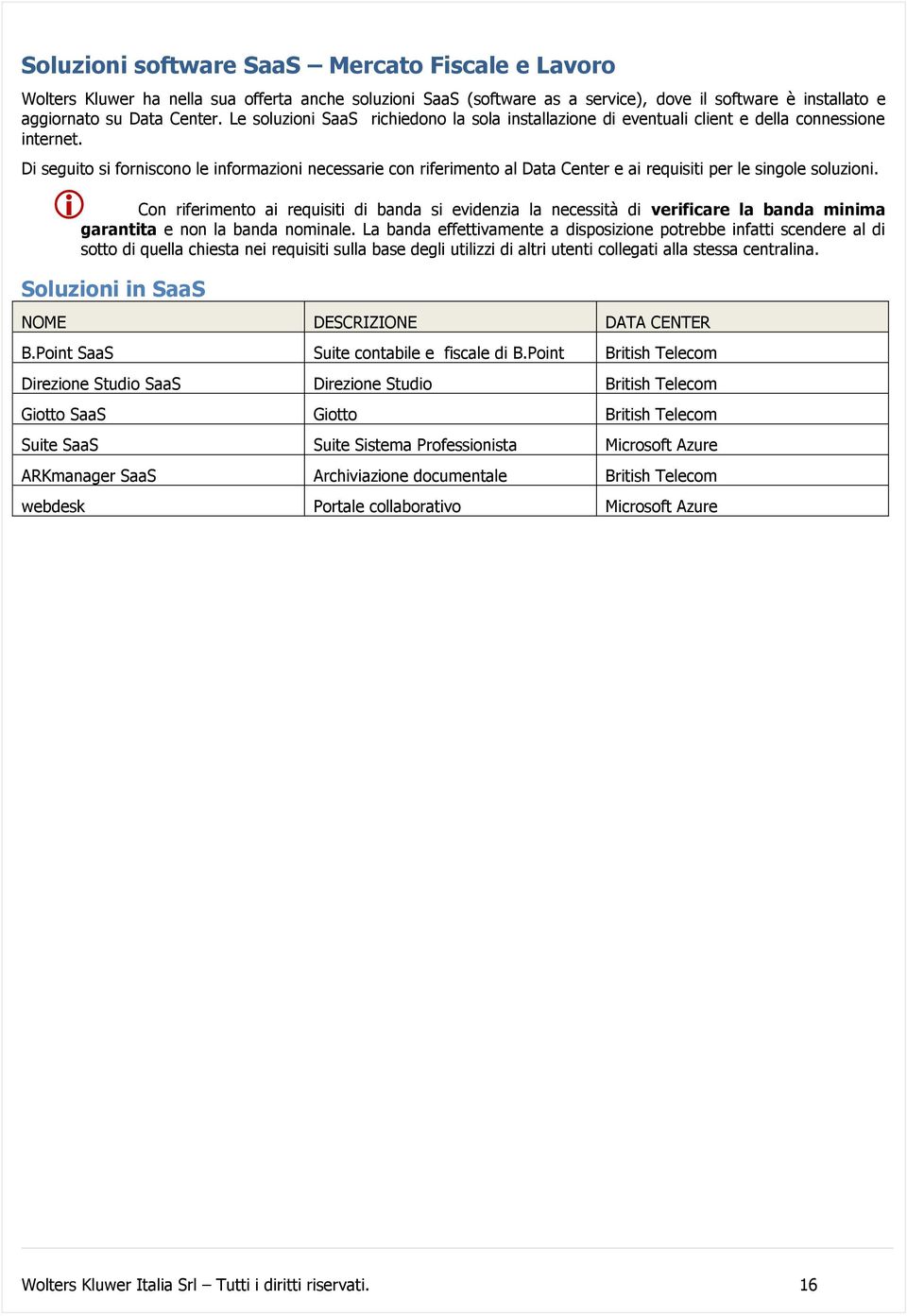 Di seguito si forniscono le informazioni necessarie con riferimento al Data Center e ai requisiti per le singole soluzioni.