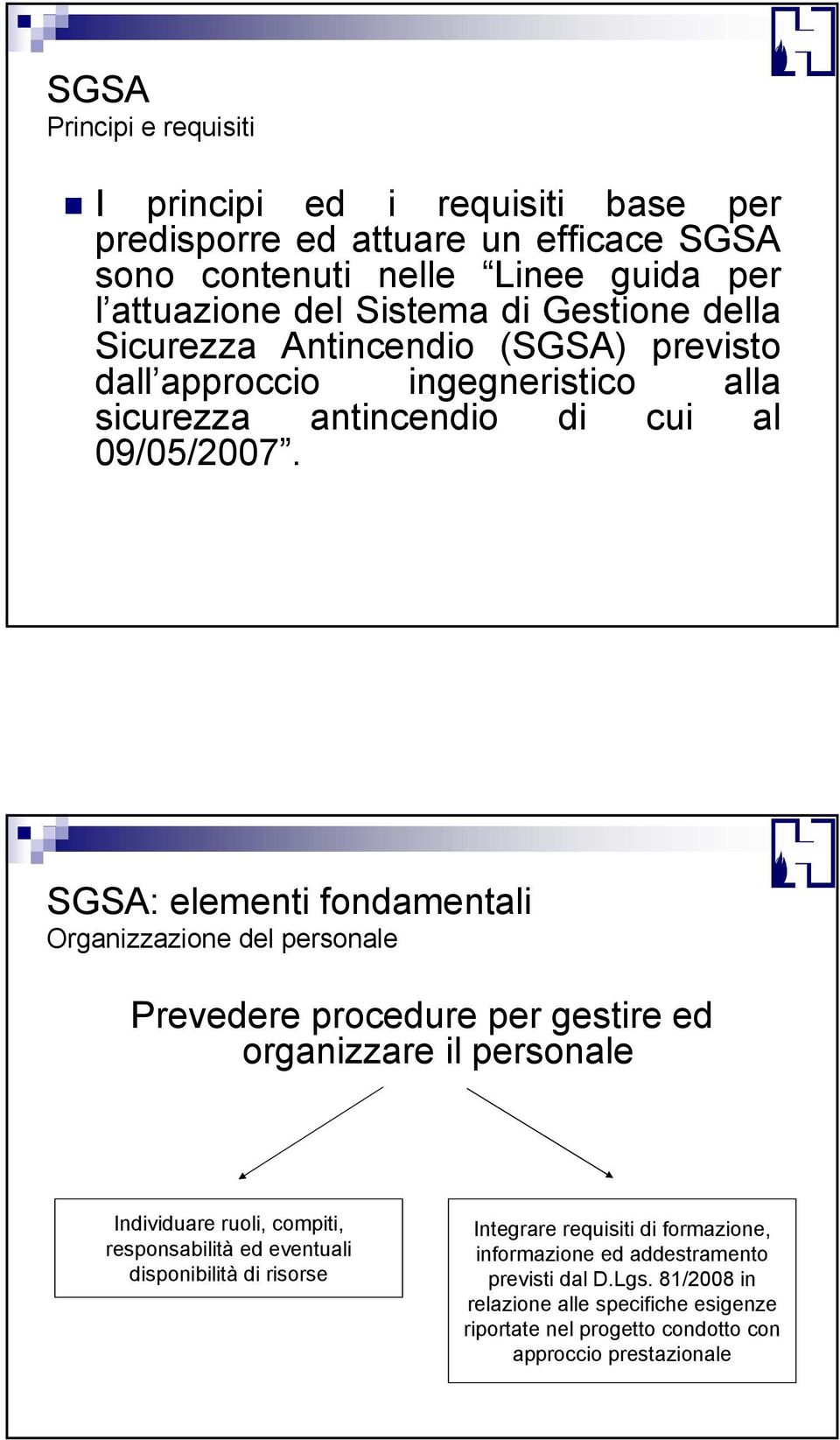SGSA: elementi fondamentali Organizzazione del personale Prevedere procedure per gestire ed organizzare il personale Individuare ruoli, compiti, responsabilità ed