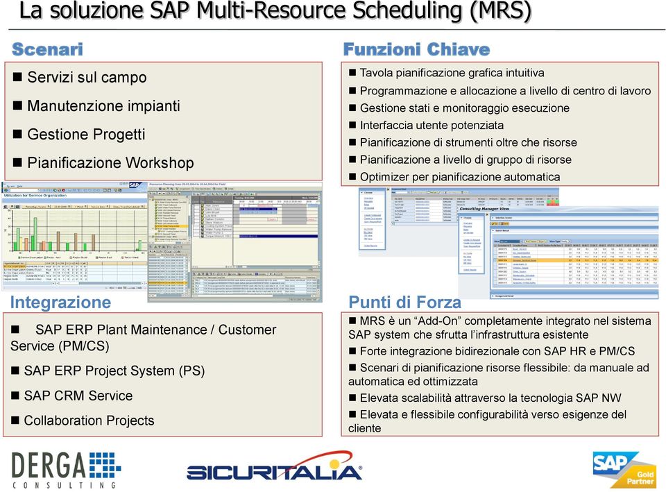 livello di gruppo di risorse Optimizer per pianificazione automatica Integrazione SAP ERP Plant Maintenance / Customer Service (PM/CS) SAP ERP Project System (PS) SAP CRM Service Collaboration