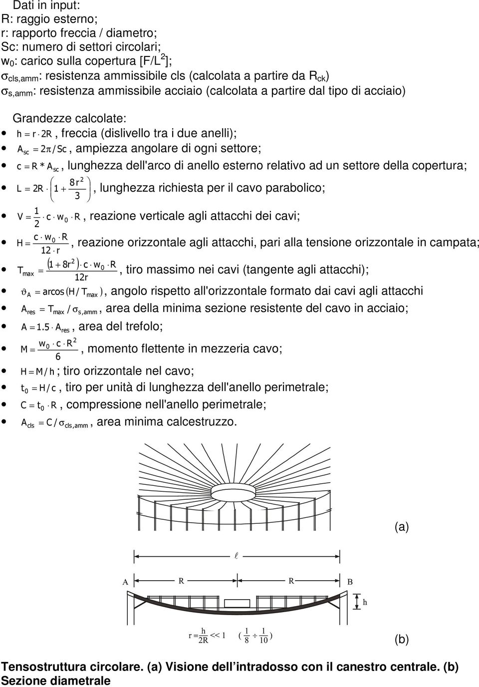 lunghezza dell'arco di anello esterno relativo ad un settore della copertura; = +, lunghezza richiesta per il cavo parabolico; =, reazione verticale agli attacchi dei cavi; =, reazione orizzontale