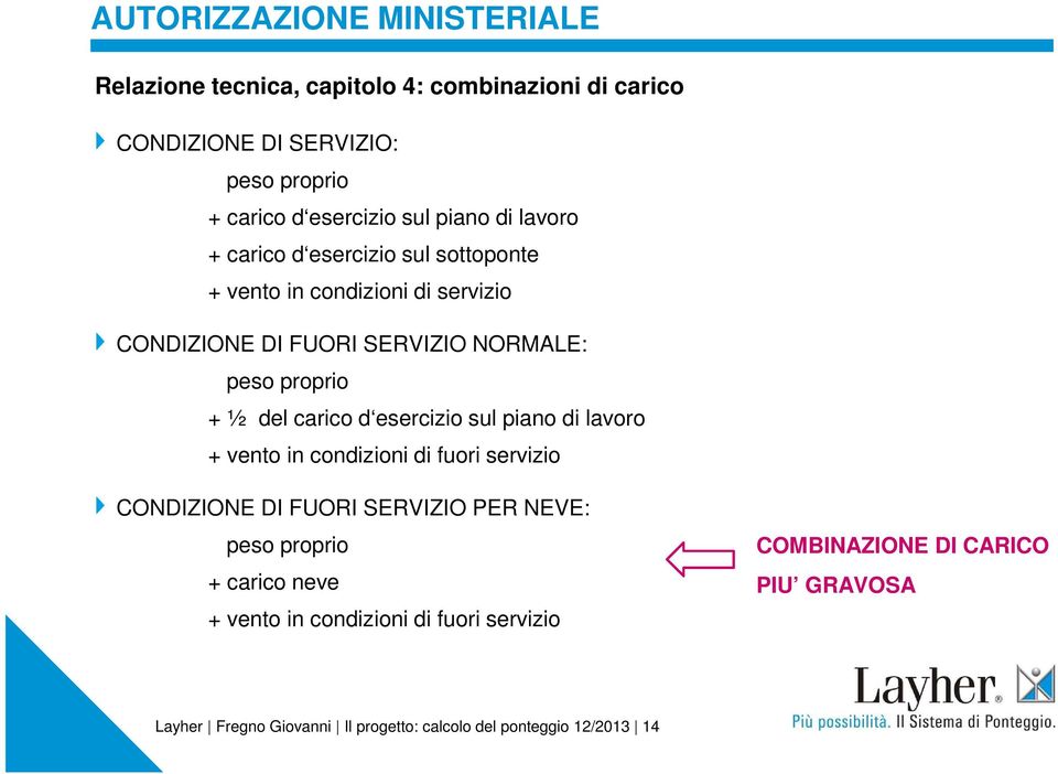 carico d esercizio sul piano di lavoro + vento in condizioni di fuori servizio CONDIZIONE DI FUORI SERVIZIO PER NEVE: peso proprio + carico neve