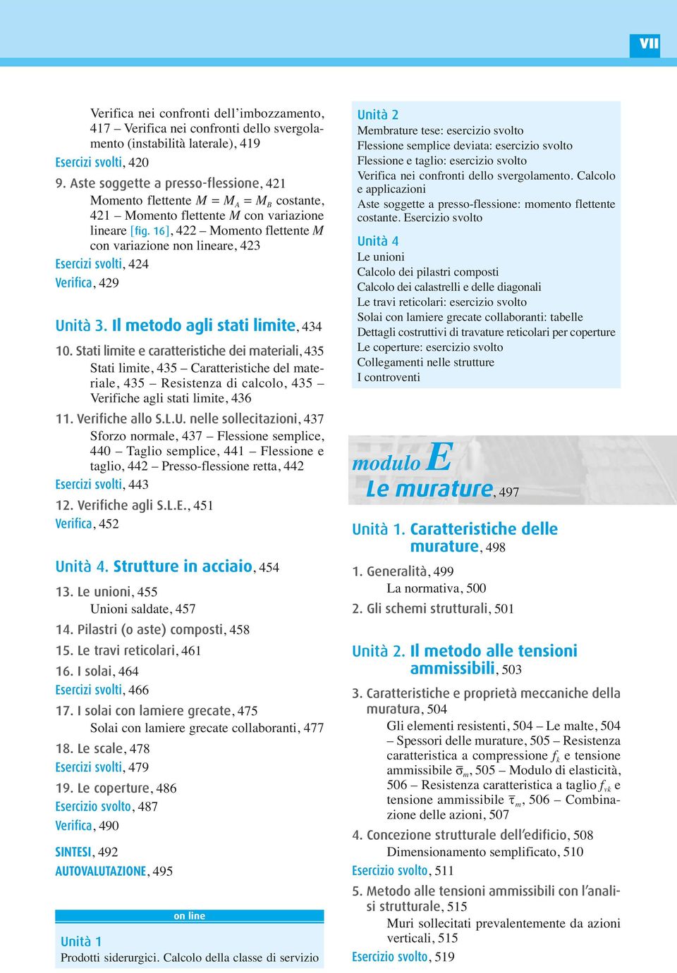 16], 422 Momento flettente M con variazione non lineare, 423 Esercizi svolti, 424 Verifica, 429 Unità 3. Il metodo agli stati limite, 434 10.