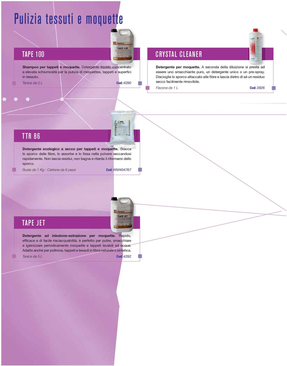 Discioglie lo sporco attaccato alle fibre e lascia dietro di sé un residuo secco facilmente rimovibile. Flacone da 1 L Cod: 3826 TTR 86 Detergente ecologico a secco per tappeti e moquette.