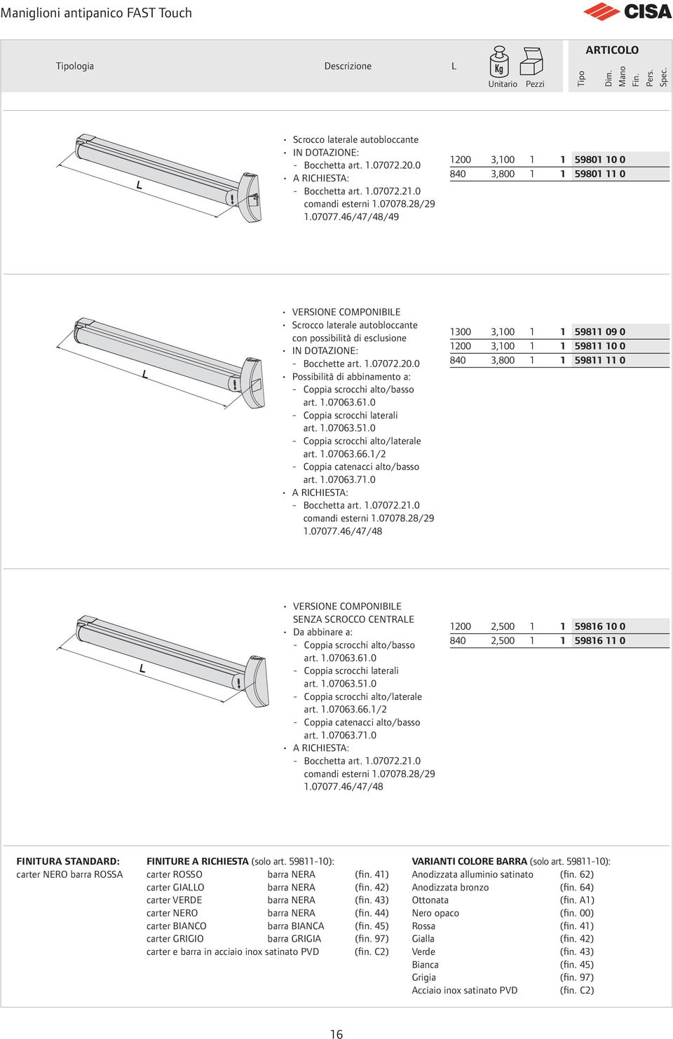 46/47/48/49 1200 3,100 1 1 59801 10 0 840 3,800 1 1 59801 11 0 VERSIONE COMPONIBILE Scrocco laterale autobloccante con possibilità di esclusione IN DOTAZIONE: - Bocchette art. 1.07072.20.0 Possibilità di abbinamento a: - Coppia scrocchi alto/basso art.