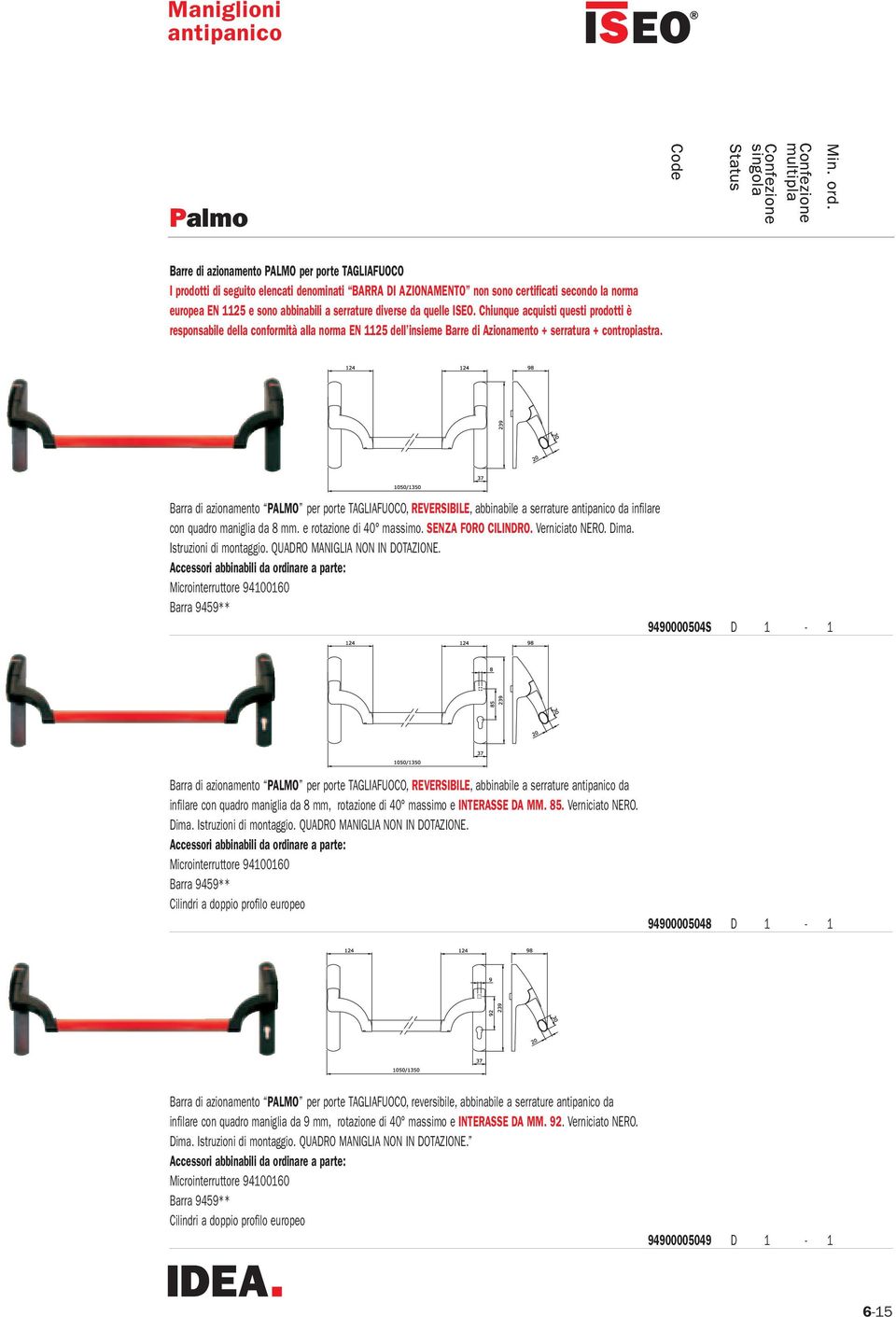 Barra di azionamento PALMO per porte TAGLIAFUOCO, REVERSIBILE, abbinabile a serrature da infilare con quadro maniglia da 8 mm. e rotazione di 40 massimo. SENZA FORO CILINDRO. Verniciato NERO. Dima.