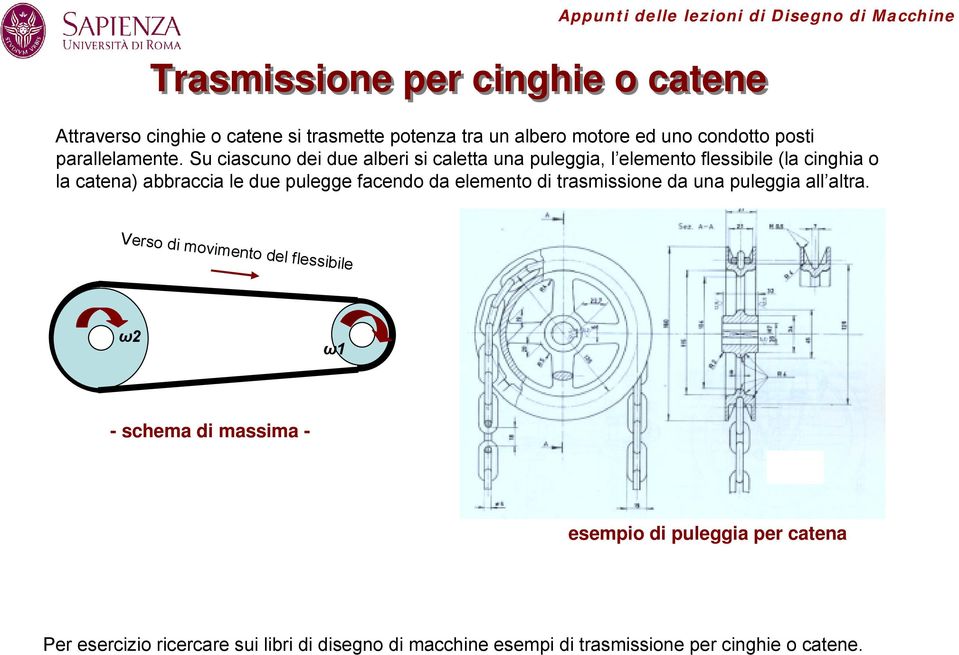 Su ciascuno dei due alberi si caletta una puleggia, l elemento flessibile (la cinghia o la catena) abbraccia le due pulegge facendo da