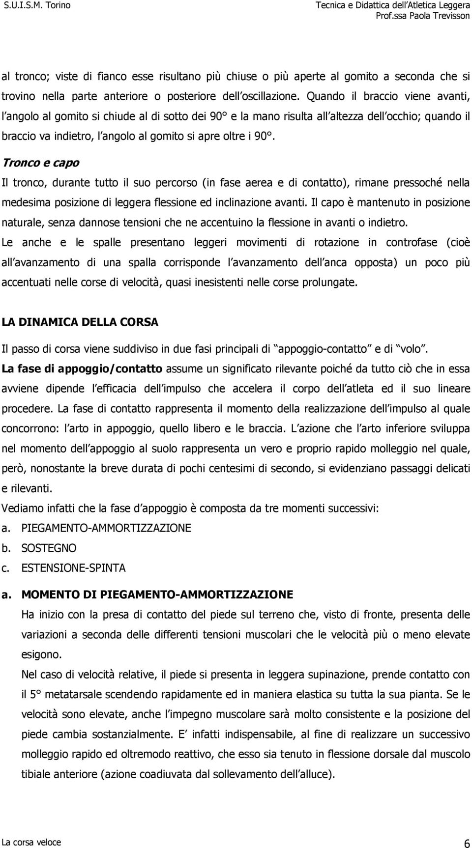 Tronco e capo Il tronco, durante tutto il suo percorso (in fase aerea e di contatto), rimane pressoché nella medesima posizione di leggera flessione ed inclinazione avanti.