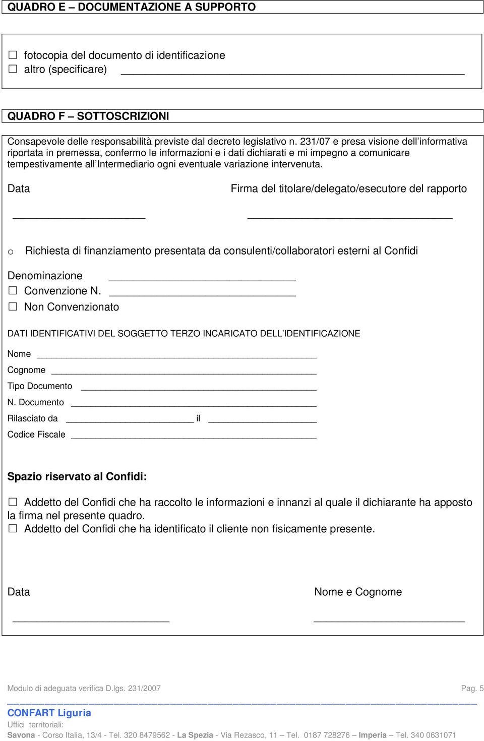 intervenuta. Data Firma del titolare/delegato/esecutore del rapporto o Richiesta di finanziamento presentata da consulenti/collaboratori esterni al Confidi Denominazione Convenzione N.