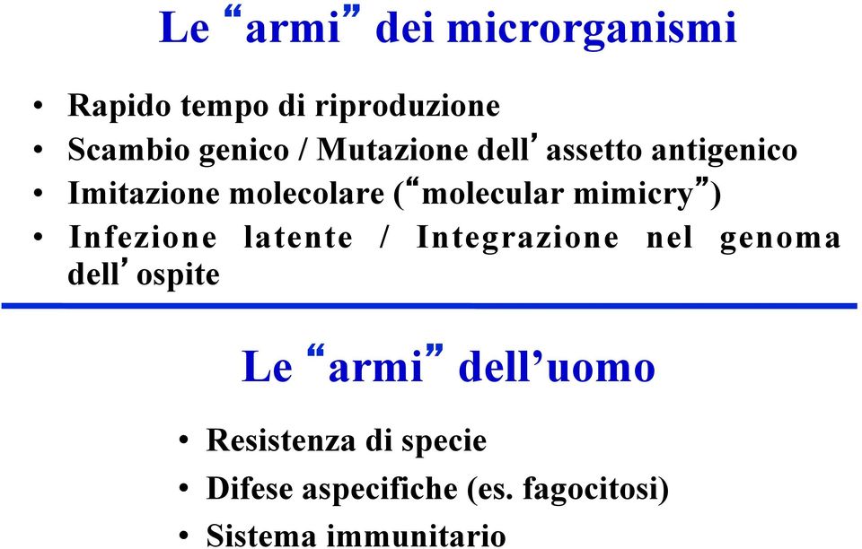 mimicry ) Infezione latente / Integrazione nel genoma dell ospite Le armi