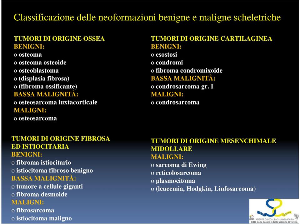 gr. I MALIGNI: o condrosarcoma TUMORI DI ORIGINE FIBROSA ED ISTIOCITARIA BENIGNI: o fibroma istiocitario o istiocitoma fibroso benigno BASSA MALIGNITÀ: o tumore a cellule giganti o fibroma